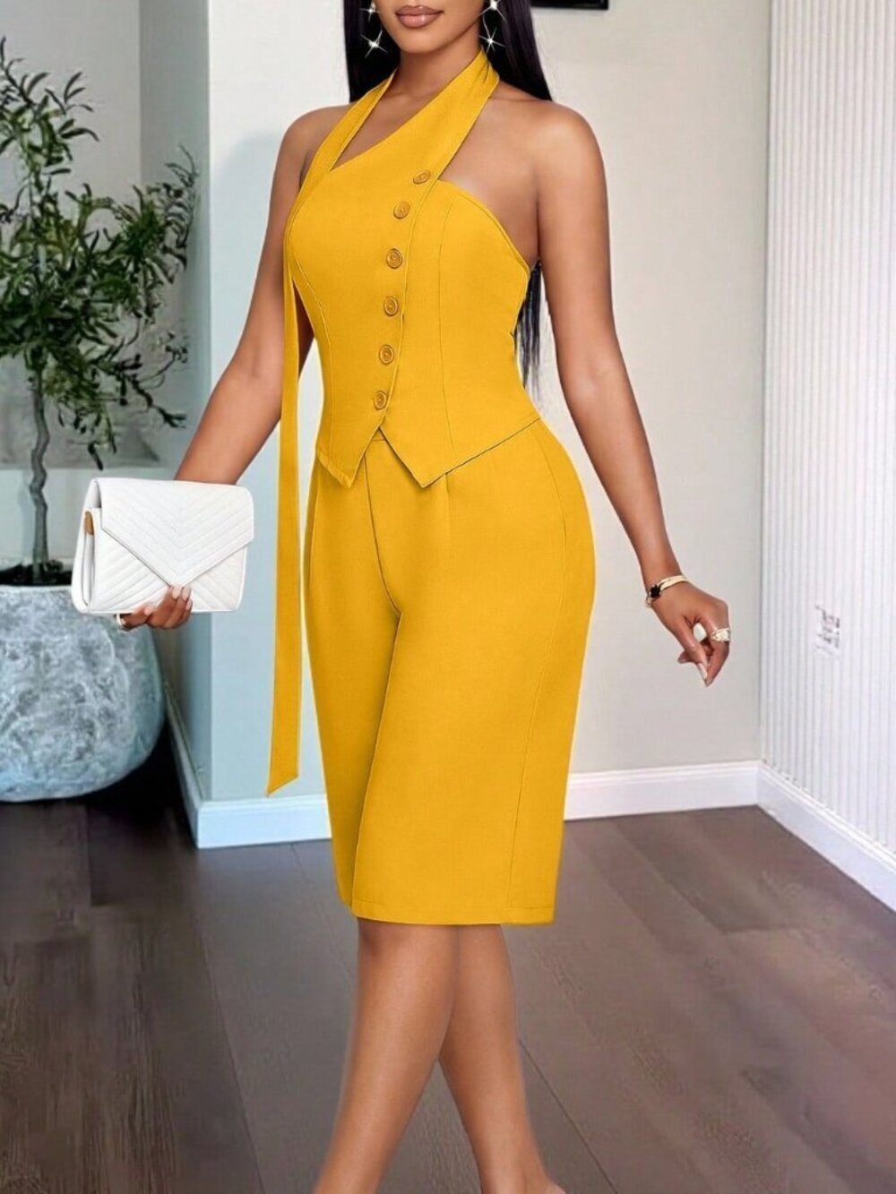 Yellow Elegant Women's Two-Piece Spring Set